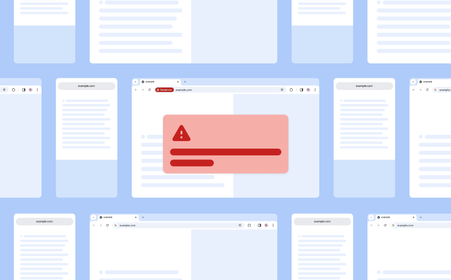 Generic web pages float on a light blue background. A red pop up with a red alert icon is in front.